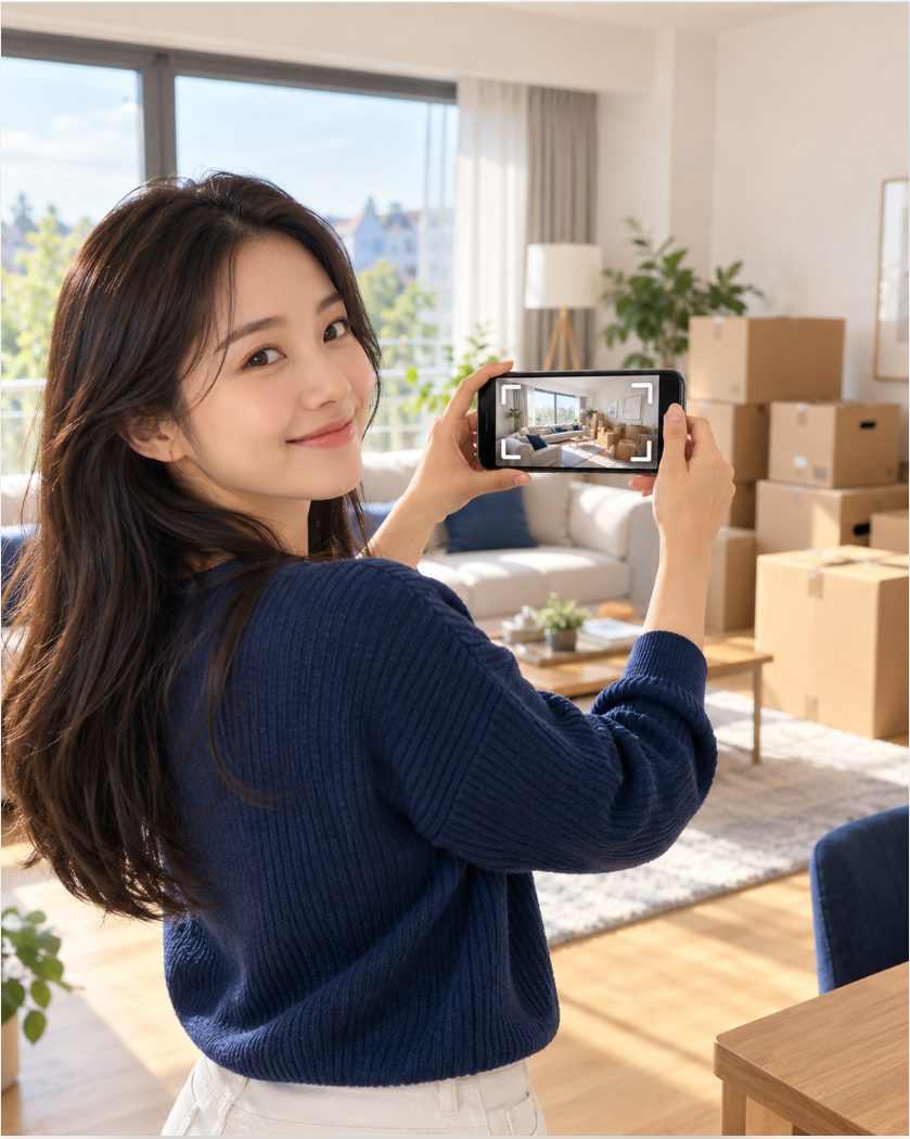 휴대폰으로 방을 촬영하는 모습